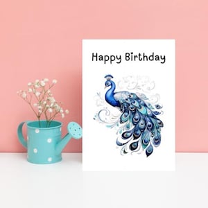 Biglietto di auguri di buon compleanno con pavone pastello ad acquerello