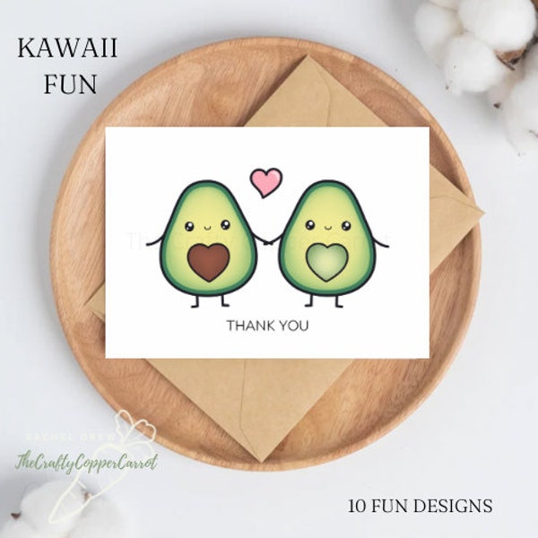 Pack de 10 cartes de remerciement amusantes Kawaii | carte de note | coffret cadeau | stylo d'écriture gratuit