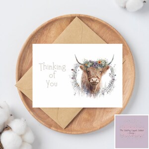 Thinking of You Aquarell Blumen Highland Kuh Grußkarten | Beileidskarte | Highland Coo