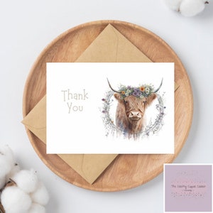 Dank u aquarel bloem hoogland koe wenskaarten | sympathiekaart | Hoogland Coo