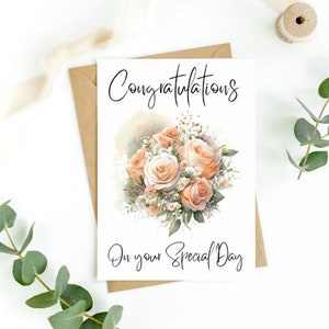 Congratulazioni per il tuo giorno speciale Biglietto d'auguri floreale con fiori di rosa pesca / Biglietto di nozze con bouquet di rose pesca