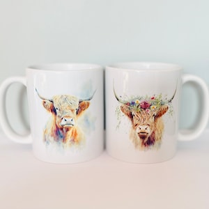 水彩ハイランド牛マグカップギフトセットまたは単品 | コーヒーティーマグカップ | お揃いのグリーティングカード