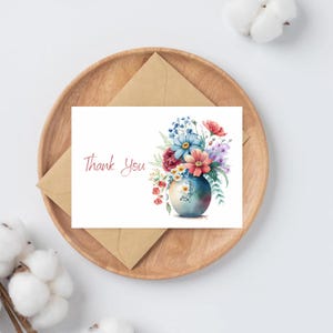Cartões de agradecimento em vaso de flores em aquarela