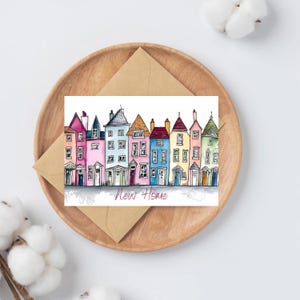 Cartões de felicitações de casas novas e peculiares em aquarela | Cartão de inauguração de casa | casas em aquarela