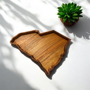 May include: A wooden tray in the shape of the state of South Carolina. The tray is made of light brown wood with a darker brown edge. A small green succulent plant sits in the background.