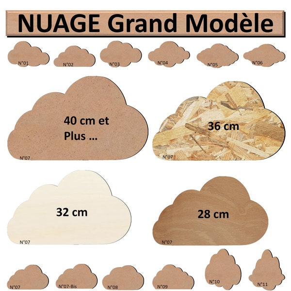 GM. Forme Nuage Bois Grande Taille à décorer. Silhouette Nuage plein en Bois MDF Contreplaqué OSB. Dimension Grande Modèle Mariage chambre