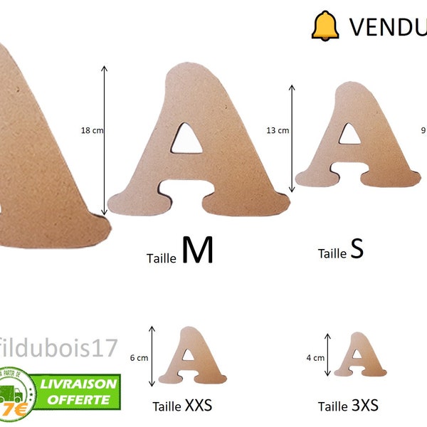 07.  Lettre en bois plusieurs Tailles et Épaisseurs Police d'écriture Numéro 07.  Lettre Prénom à personnaliser. VENDU A LA LETTRE