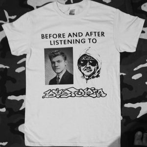 May include: White t-shirt with black text that reads "Before and After Listening To" and a black and white image of a person before and after listening to the band "Isistopia".