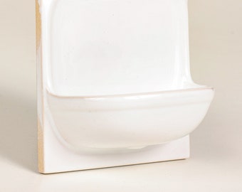 Vintage Ceramic Tile Soap Dish, soap holder in porcelain in white, built-in model, Danish mid-century, old stock,