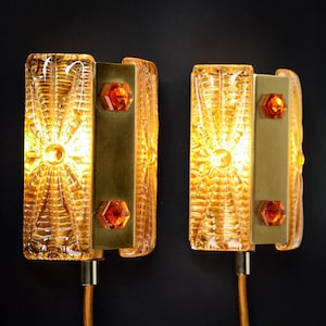 One Vitrika Aladdin Sconces made of brass and amber glass pieces, Danish design 1960s