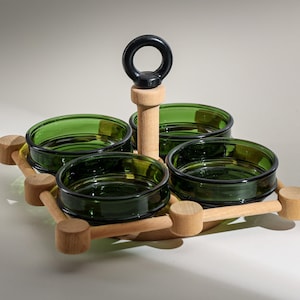 Vintage Nissen Denmark Spinning Tray with Green Glass Bowls