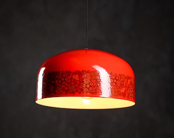 Vintage red enameled pendant lamp by Kaj Franck and Raija Uosikkinen for Fog & Mørup Denmark MCM Danish lighting design 1970’s