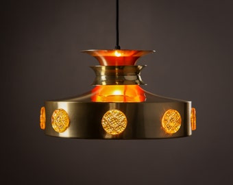 Vintage MCM aluminium Danish design pendant hanging lamp in goldtones.