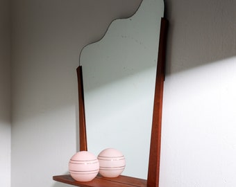 Rare Vintage Danish Wall Mirror in Teak with Organic Wavy Glass and Shelf – Mid-Century Modern Design