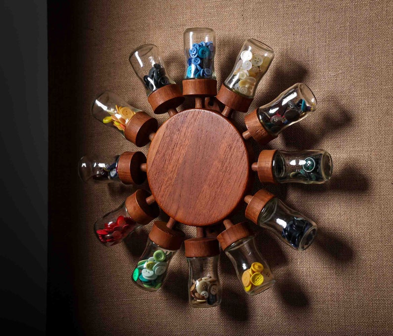 Vintage Digsmed spice wheel with 12 glasses, Teak Rondell Danish Design 60s image 1