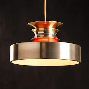 Stunning Vintage Danish Jeka Pendant Lamp in Brushed Brass with Red Accents, 1970s Scandinavian Design