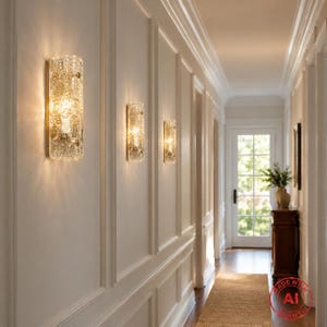 May include: Three rectangular wall sconces with textured, clear glass panels mounted on a white paneled wall. Each fixture emits a warm, glowing light that casts soft rays onto the surrounding wall surface, creating a bright and inviting atmosphere.