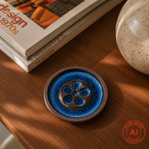 Op de afbeelding: Een ronde keramische onderzetter met een diepblauw geglazuurd midden en een verhoogd bruin bloemmotief in het midden. De buitenrand is van getextureerde, gespikkelde bruine klei. Het ontwerp heeft een gladde, glanzende afwerking op het blauwe oppervlak.