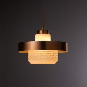 High quality vintage Danish design pendant hanging lamp, opaque opaline glass and copper toned aluminium MCM