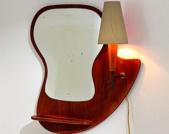 Danish Mid-Century Wall Mirror with Organic Teak Backplate, Shelf & Lamp – 1950s Original with Patina