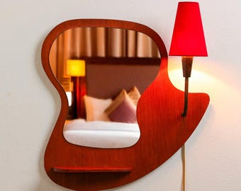 Mid-Century Danish Wall Mirror with Sculptural Teak Backplate, Shelf & Integrated Light – 1950s