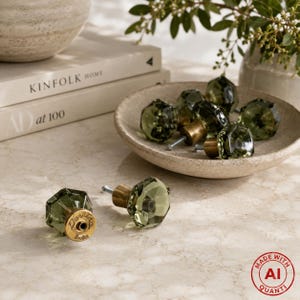 Vintage Verrina Sweden Green Glass & Brass Knob – Elegant Octagonal Design, Mid-Century Scandinavian Style