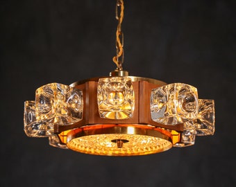 Rare Carl Fagerlund chandelier, crystal and wood.