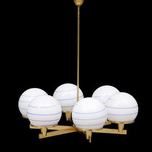 Hans-Agne Jakobsson, Elegant Scandinavian Mid-Century Brass Chandelier with Opaline Glass Shades, 1960s