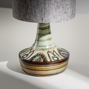 Puede incluir: Lámpara de mesa de cerámica con pantalla de tela gris. La base presenta un patrón decorativo en tonos verdes, marrones y beige. La lámpara tiene una estética moderna de mediados de siglo.