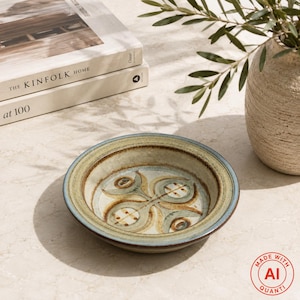 May include: A round ceramic bowl featuring a speckled beige and tan base with a hand-painted abstract floral pattern in shades of sage green, brown, and blue. The bowl has a wide, slightly raised rim with a dark blue edge and a smooth glazed finish.