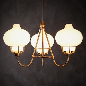 LYFA pendel, 3-armed brass chandelier designed by Bent Karlby for Lyfa, type K770. Early Danish Design. (sfs)