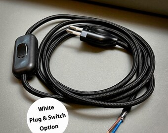 US, GB, EU Power Cord with in-line switch, fabric cord, textile cable, choose between plugs