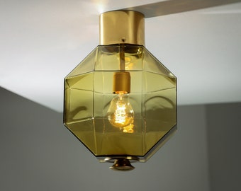 Vintage Danish design MCM flush mount ceiling light, octagonal glass and brass, Hollywood Regency vibe