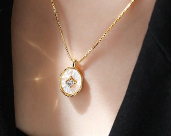 Mother Of Pearl Diamond Pendant Necklace | Retro Style Gemstone Necklace | Pave Minimalist Jewelry