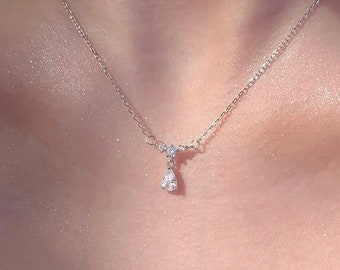 Pear Shape CZ Diamond Necklace | Minimalist Stering Silver Necklace