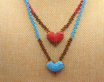 Valentine Heart Necklace, Reversible  Necklace, Beaded Heart Necklace, Women Valentine Gift, Red Turquoise Heart Necklace, Unique Gift