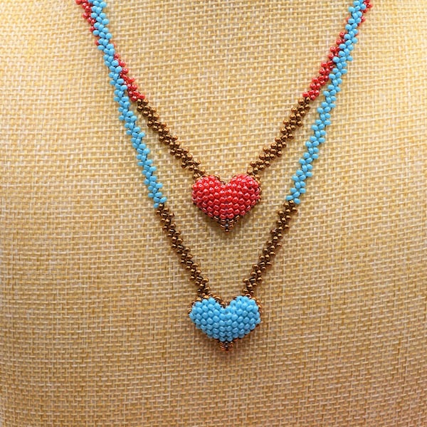 Valentine Heart Necklace, Reversible  Necklace, Beaded Heart Necklace, Women Valentine Gift, Red Turquoise Heart Necklace, Unique Gift