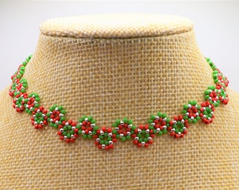 Christmas Necklace/ Choker, Beaded Christmas Choker, Red Green Seed Bead Choker, Christmas Jewelry, Christmas Gift For Her, Party Choker