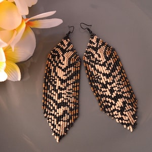Long Beige, Black,Champagne Seed Bead Fringe Earrings, Classy Modern Earrings, Beaded Fringe Earrings, Animal Print Tiger Seed Bead Earring,