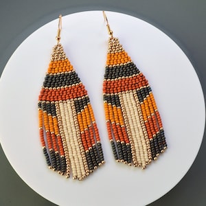 Halloween Multicolored Beaded Fringe Earrings Brown Pumpkin Champagne Fringe Earrings Dangle Boho Chandelier Earrings Native Beaded Earrings