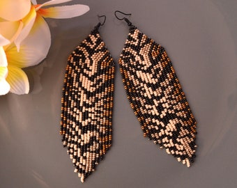 Long Beige, Black,Champagne Seed Bead Fringe Earrings, Classy Modern Earrings, Beaded Fringe Earrings, Animal Print Tiger Seed Bead Earring,