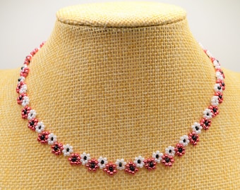 Red White Beaded Choker, Choker Necklace, Valentine Gift For Her, Choker For Women, Beaded Choker, Daisy Choker Necklace, Seed Bead Choker