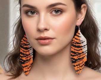 Orange Black Tiger Print Beaded Fringe Earrings: Handmade Animal Jewelry Seed Bead Earrings