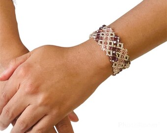 ハンドメイドの双円錐シードビーズブレスレット、ピンク＆ブルーの