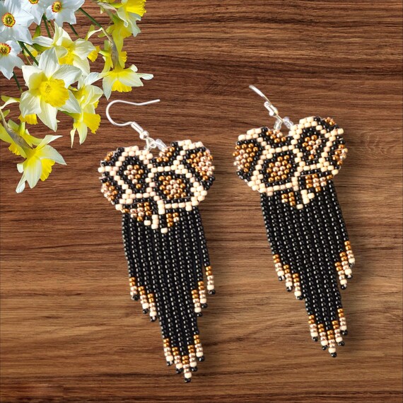 Leopard Heart Seed Bead Fringe Earrings: Beige Black Champagne