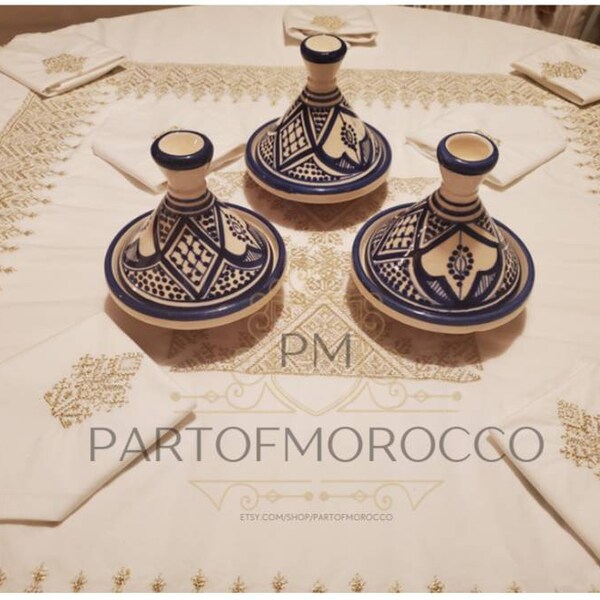 Set of 3 mini tagines, hand made and hand printed, ceramic tajine, traditionnel Moroccan decorative tajine, Marrakech style