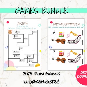 Music Games Worksheet Bundle For Children And Beginners, Includes Maze, Spot the Difference and Musical Drawing!