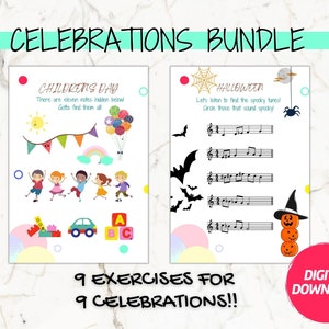 Music Theory Celebrations Bundle For Children & Beginners, 9 Fun Worksheets - Halloween, Christmas, Thanksgiving, New Year and more!