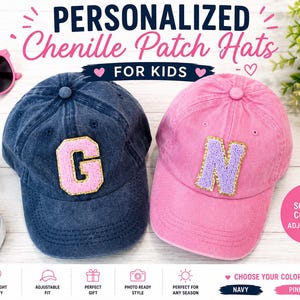 May include: Two personalised chenille patch hats for kids. One navy blue hat with a pink letter "G" and one pink hat with a purple letter "N". The hats are lightweight, comfy, and have an adjustable fit.