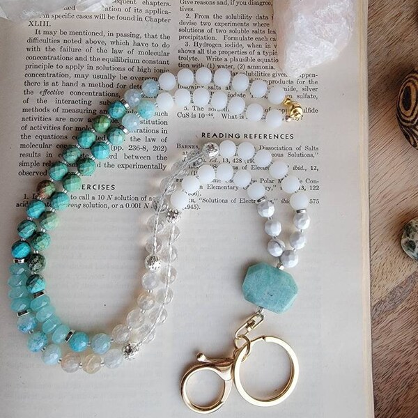 Calm & Clarity ~ Turquoise, Amazonite, Quartz Beaded Lanyard, Keychain Lanyard, Teacher Lanyard, Gemstone Lanyard, Bead Badge Holder